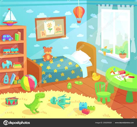 Cartoon kids bedroom interior. Home childrens room with kid bed, child ...