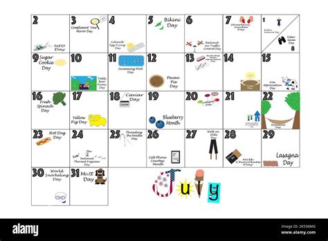 July 2023 calendar illustrated with daily Quirky Holidays and Unusual ...