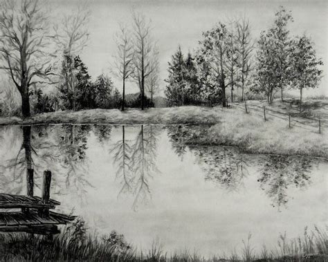 GRANDPA'S POND pond drawing, landscape pencil sketch, detailed pencil ...