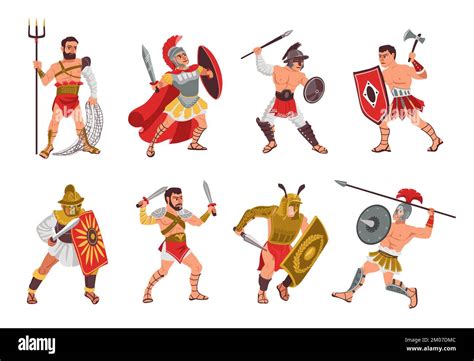 Ancient roman gladiators. People in armor. Warriors with different ...