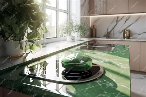 Premium AI Image | A green marble kitchen with a green marble countertop.