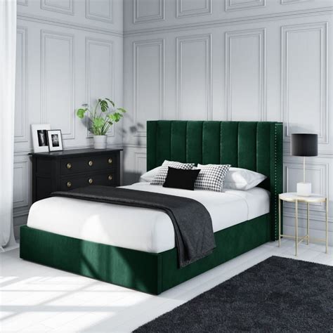 Dark Green Velvet Upholstered Ottoman Bed with Studded Wings | Bedroom ...