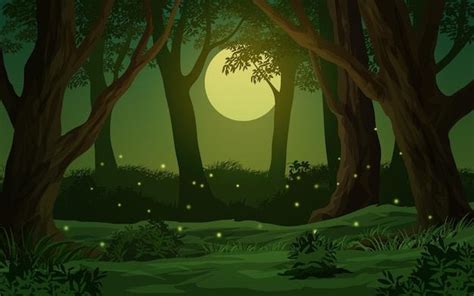 Cartoon forest night scene with full moon and firefly