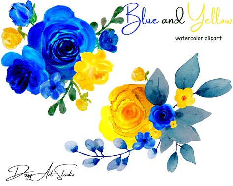 Watercolor Colorful Clipart Blue and Yellow Roses Flowers | Etsy