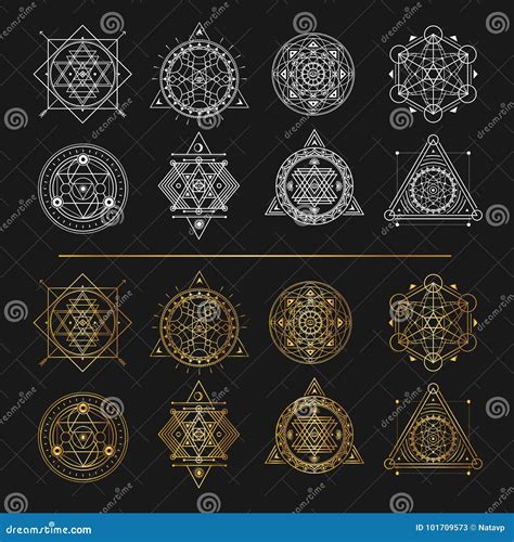 Set of Gold and White Sacred Symbols on Black Background . Vector ...