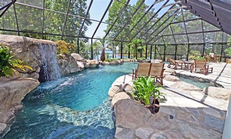 Swimming Pool Waterfalls (Design Ideas) | Indoor outdoor pool, Indoor ...