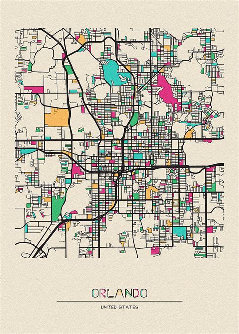 Orlando, Florida City Map Drawing by Inspirowl Design - Pixels