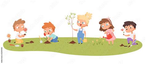 Children planting. Eco green protection kids gardening natural plants ...