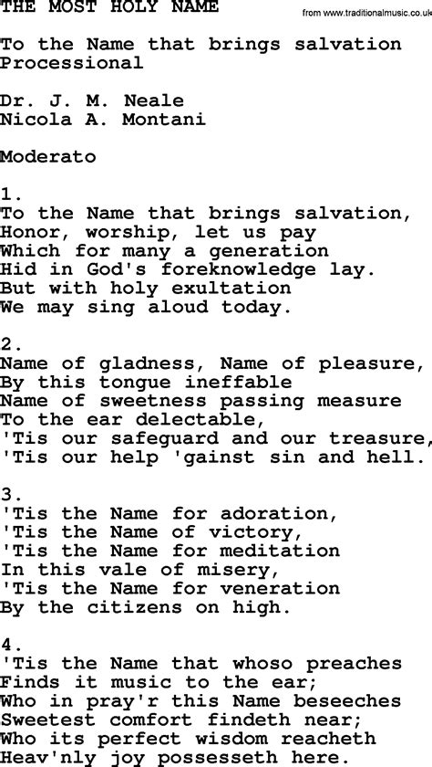 Catholic Hymns, Song: The Most Holy Name - lyrics and PDF