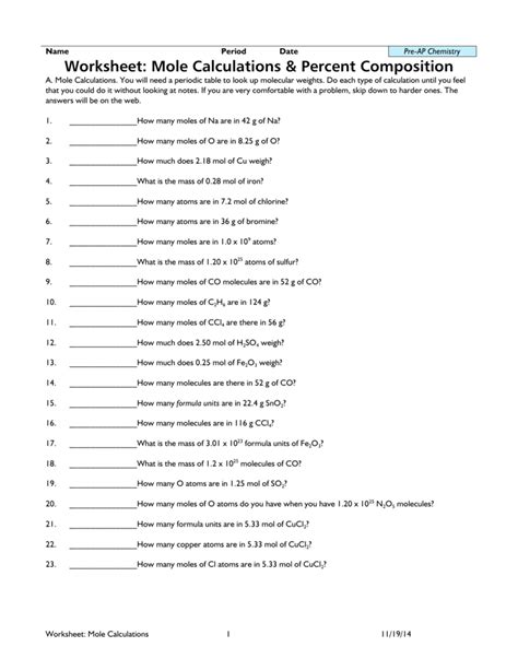 Worksheet: Mole Calculations & Percent Composition