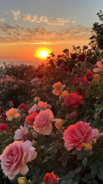 Premium AI Image | A sunset with a field of roses in the foreground and ...