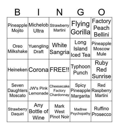 Bar Bingo Card