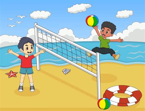 Children Playing Volleyball on the Beach Cartoon Vector Illustration ...