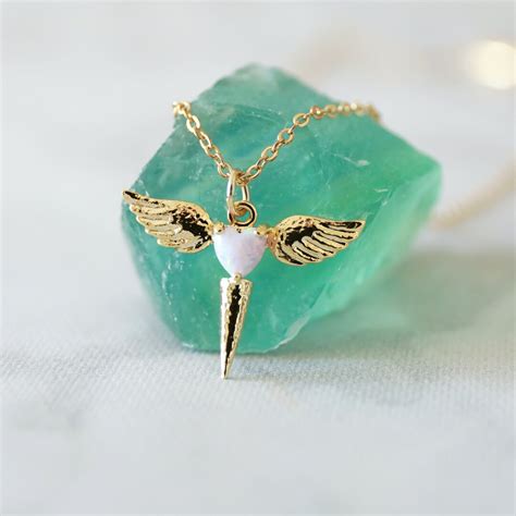 Angel Wings With Opal Heart Necklace, Angel Wings Necklace, Dainty ...