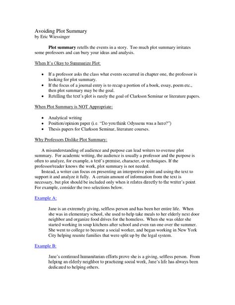 Avoid Plot Summary | Study notes Literature - Docsity