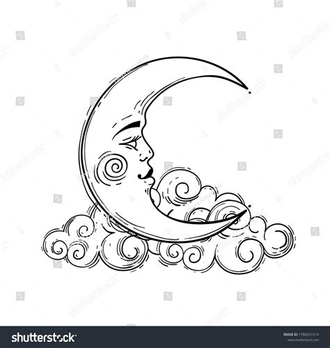 Magic Crescent Moon Face Line Drawing Stock Vector (Royalty Free ...