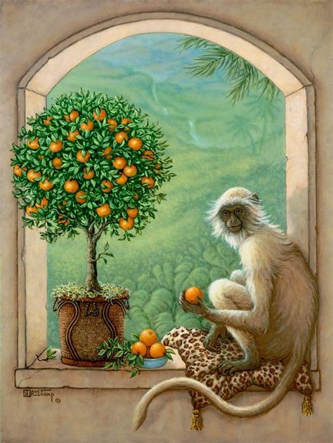 Monkey and Orange Tree, a painting of a monkey resting on a leopard ...