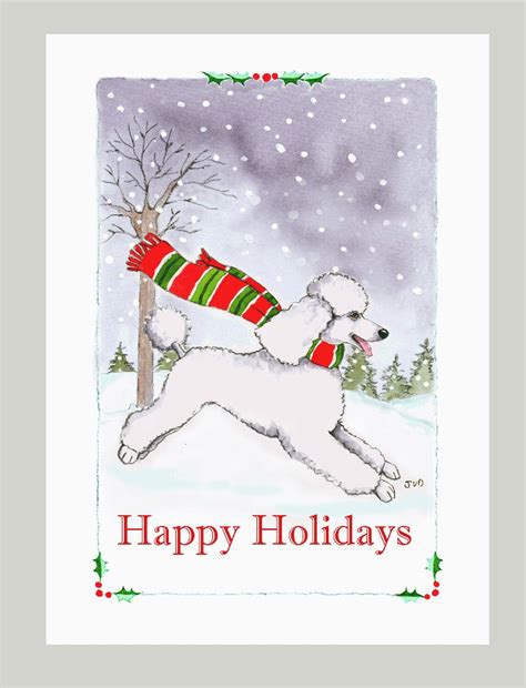 a happy holiday card with a white poodle running in the snow