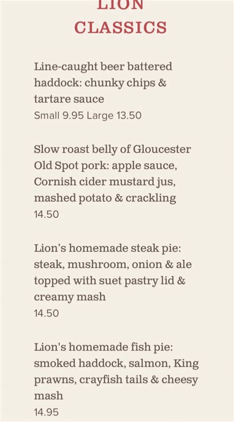 The Lion Inn Chelmsford's full menu online