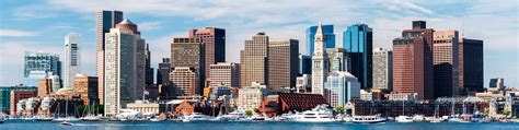 Panoramic view of Boston skyline, view from harbor, skyscrapers in ...