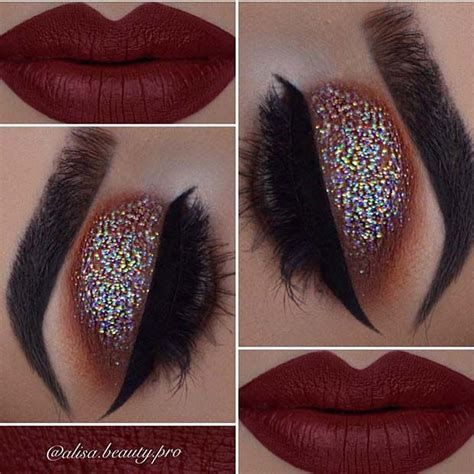 Glitter Eyes and Dark Red Lips | Christmas makeup, Red makeup, Holiday ...