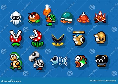 Set Of Enemies Characters From 16-bit Super Mario Bros Classic Video ...