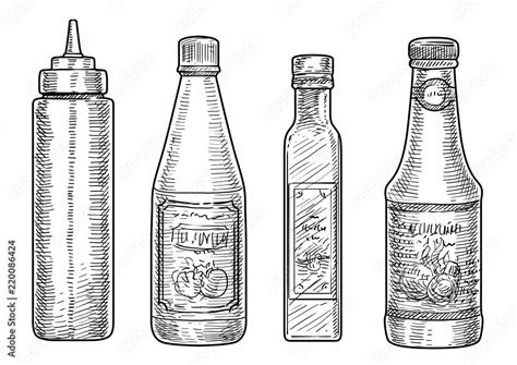 Bottles of sauce illustration, drawing, engraving, ink, line art ...