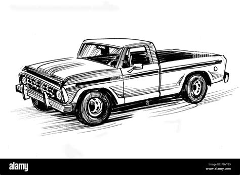 American vintage truck. Ink black and white illustration Stock Photo ...