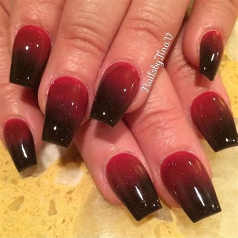 Fade square nails black and red with glitter (With images) | Red nail ...