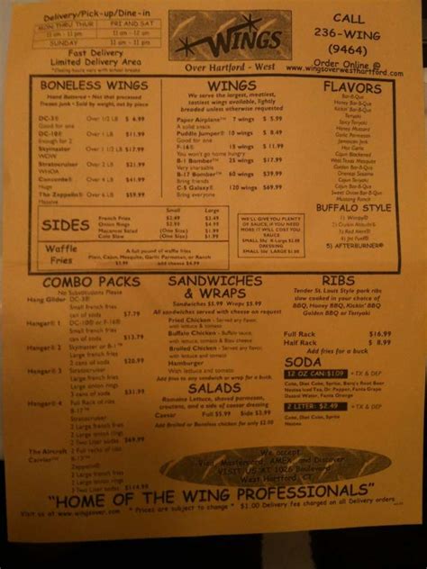 Wings Over Hartford West Menu, Menu for Wings Over Hartford West, West ...