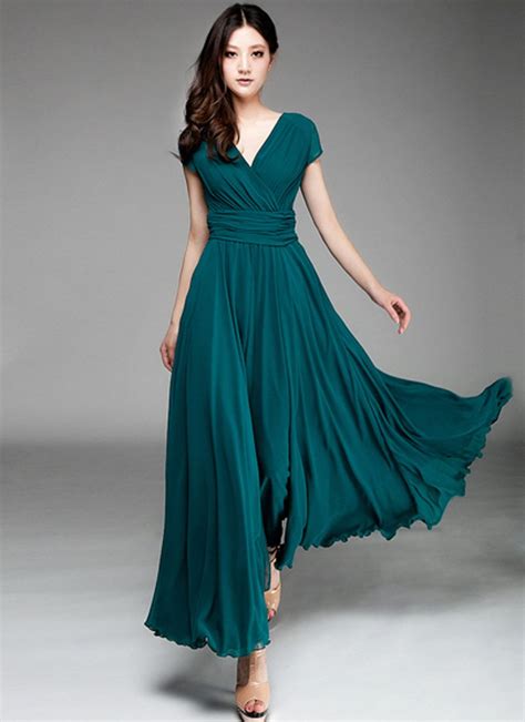 Cap Sleeve Teal Maxi Dress with V Neck & Ruched Waist Yoke RM157