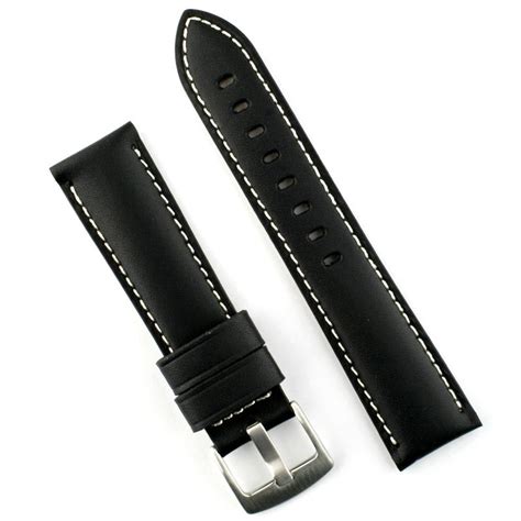 22mm Black Calf Leather Watch Band White Stitch | B & R Bands