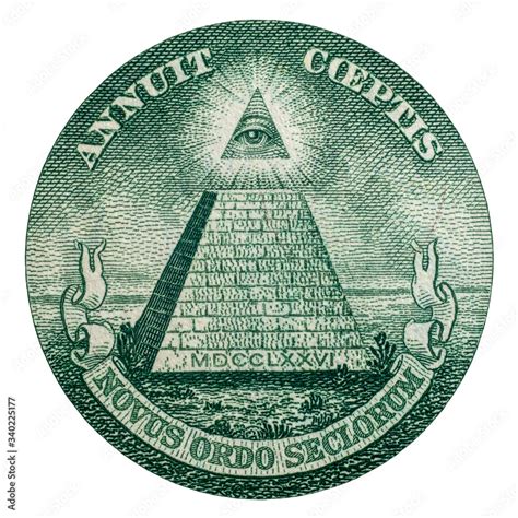 Closeup of the pyramid symbol and Annuit coeptis motto and the Eye of ...