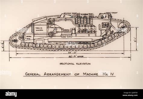 WWI technical engineering drawing / plan of 1917 British Mark IV / MK ...