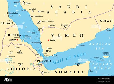 Gulf of Aden area, political map. Gulf between Yemen, Djibouti, the ...