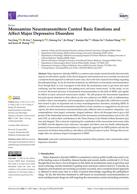 (PDF) Monoamine Neurotransmitters Control Basic Emotions and Affect ...