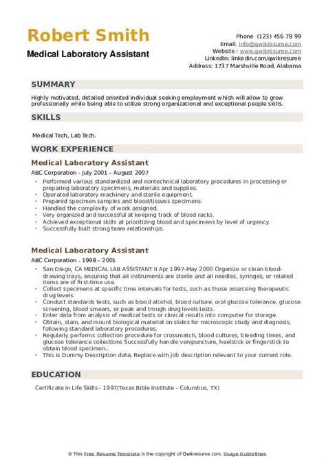 Medical Laboratory Assistant Resume Samples | QwikResume