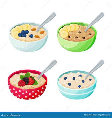 Cartoon Bowl with Porridge Set. Oatmeal and Cereal with Berries, Fruits ...