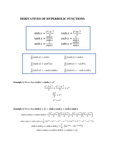 Derivative of Hyperbolic Functions - DERIVATIVES OF HYPERBOLIC ...