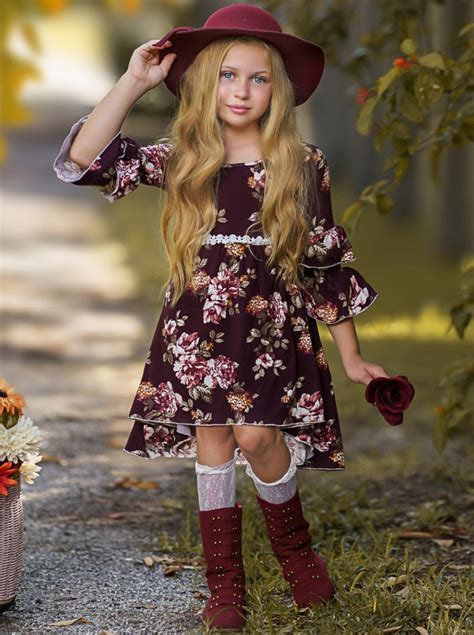 Little Girls Fall Dovie Floral Hi-Lo Ruffle Dress - Mia Belle Girls