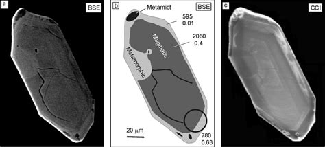 (a) BSE image; (b) drawing; and (c) CCI image of a zircon crystal from ...