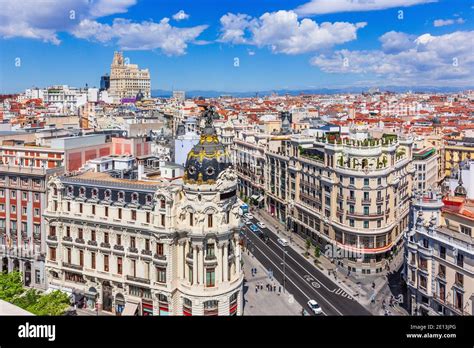 Madrid, Spain. Aerial view of Gran Via, main shopping street in Madrid ...