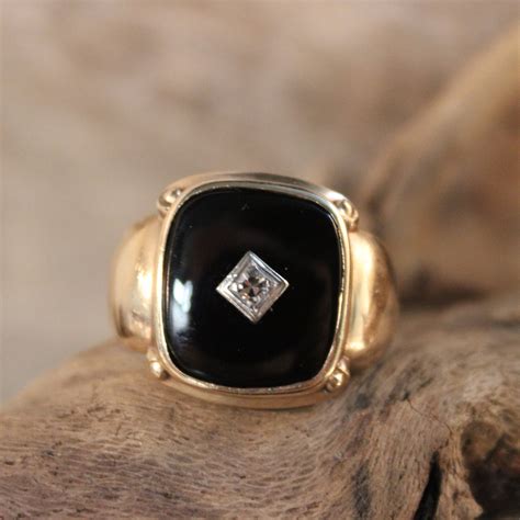 1980's Vintage Mens Ring Diamond Onyx Ring 10K Solid Gold Mens Ring 9.4 ...