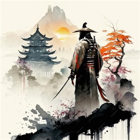 Premium Photo | A painting of a samurai standing in front of a mountain.