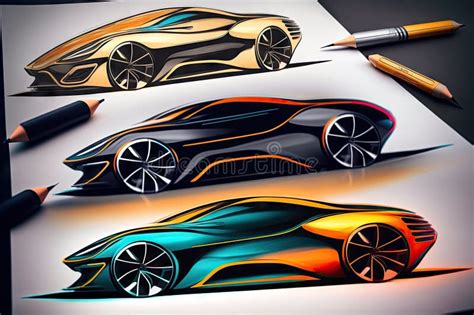 Car Design Sketches with Different Color Schemes, Showing Off a Sleek ...