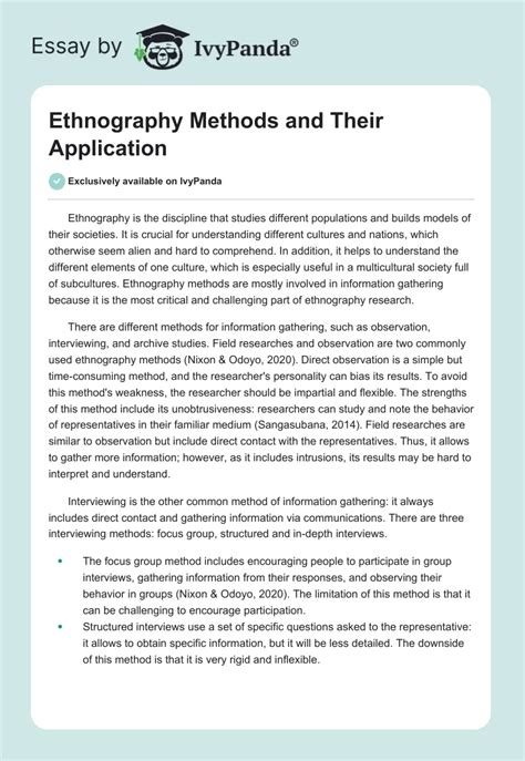 Ethnography Methods and Their Application - 663 Words | Essay Example