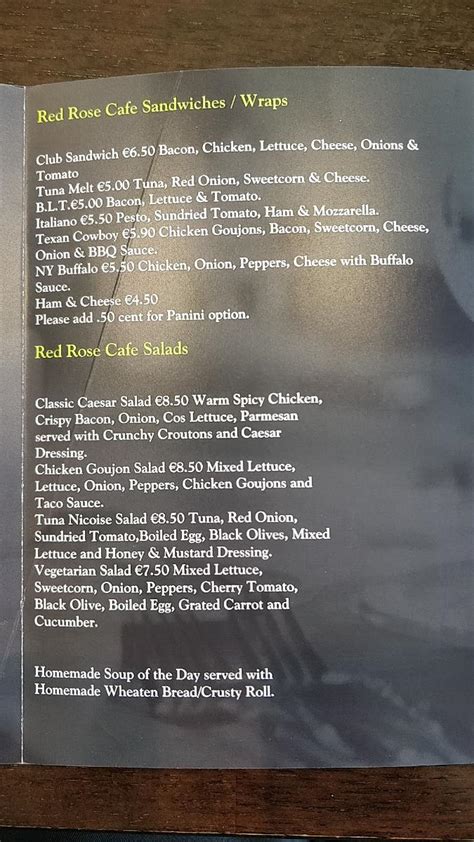 Menu at Red Rose Café cafe, Dundalk