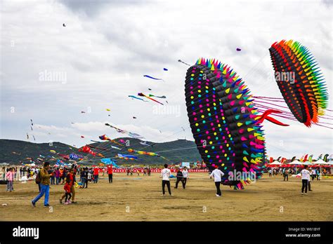 Competitors fly a big kite at a kite flying contest held at ...