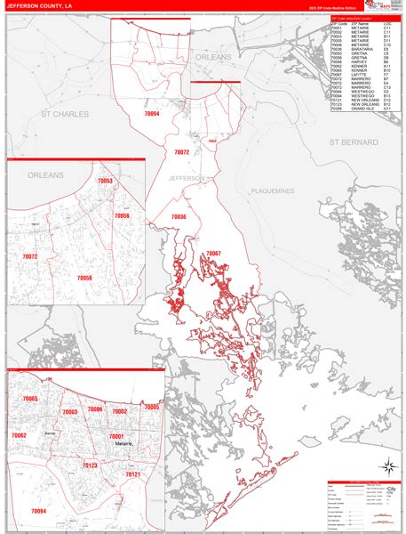 Jefferson County, LA Zip Code Wall Map Red Line Style by MarketMAPS