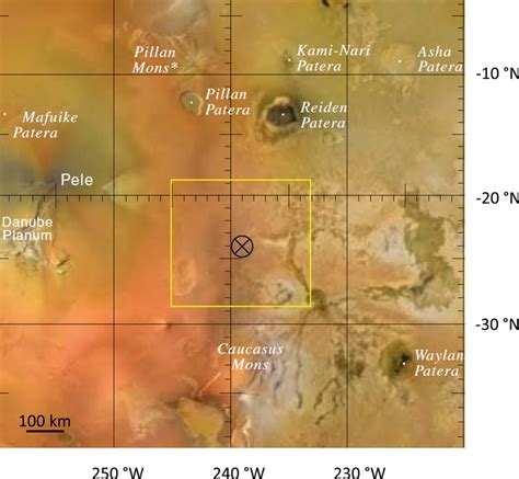 The area of Io's surface centered on 239°W, −24°N. Image extracted from ...